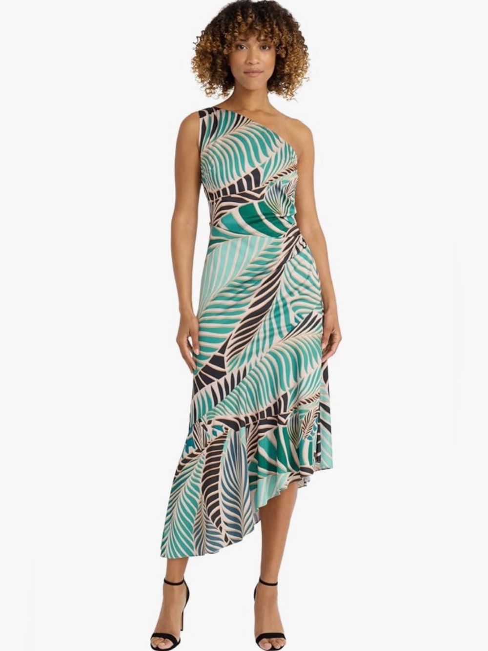 NEW-Maggy London One-Shoulder Teal & Cream Leaf-Print Asymmetrical Dress-Size 6